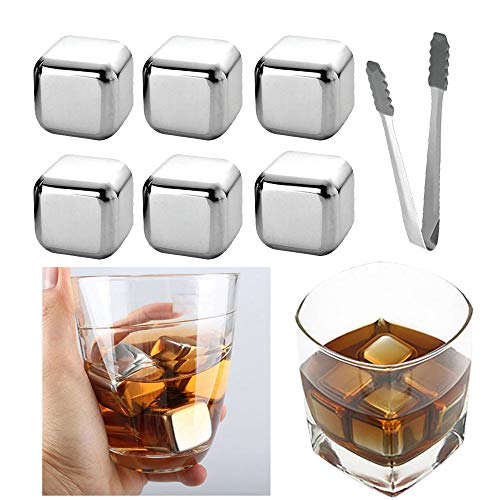 OurLeeme Cubitos de hielo para whisky, piedras de enfriamiento reutilizables Whisky de acero inoxidable Enfriamiento de piedras con pinzas de hielo El mejor regalo para hombres (6PCS)