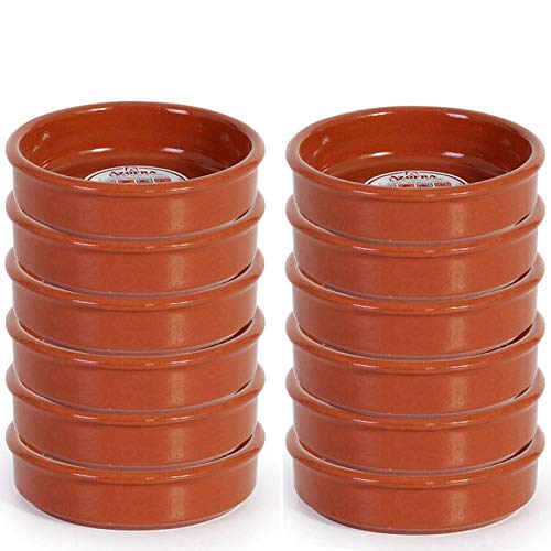 Pack de 12 cazuelas redondas de barro, diámetro exterior 15 cm, diámetro interior 13.3 cm, aptas para vitro y horno