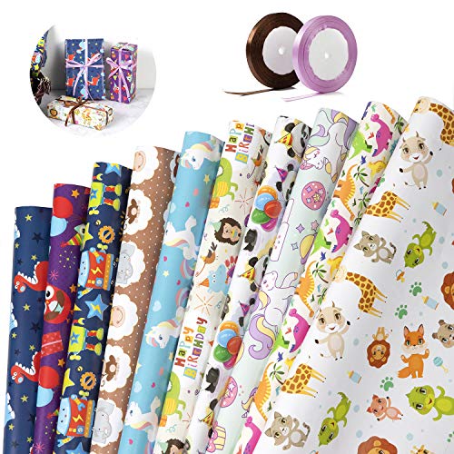 Papel Regalo Cumpleaños, ZWOOS 10 Hojas Papel para Envolver Regalos Navidad + 2 Rollo de Cinta, Papel de Regalo Infantil para Cumpleaños, San Valentín, Pascua, Fiesta, Baby Shower, 52X75CM