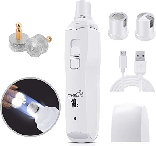 Pecute Lima de Uñas Eléctrica para Perro con Luz LED 2 Velocidades de Rotación Cortaunas Perro Recorte Suave y Seguro Batería de 1800 Mah 2 Horas de Carga rápida, DC5V Motor Potente(L+luz LED, Blanco)