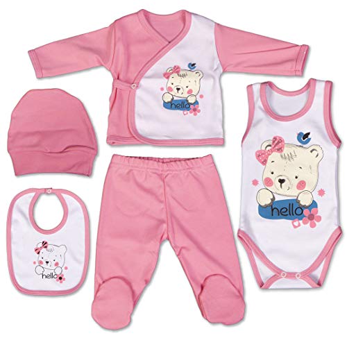 QAR7.3 Conjunto de Ropa Bebe Recien Nacido - 100% Algodón - Set Regalo 5 Piezas: Body, Pijama, Pantalon, Babero, Gorro (Rosa, 3-6 meses)