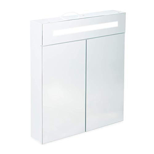 Relaxdays, Blanco, 67 x 60 x 12 cm Armario con Espejo, led, Dos Puertas, Tres Compartimentos, con luz, para Pared