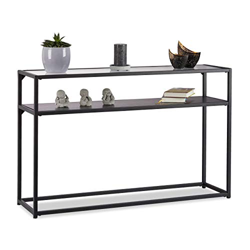 relaxdays Consola Recibidor Cristal, Mesa Auxiliar Entrada, Metal-Vidrio-DM, 70,5x110x30 cm, Negro