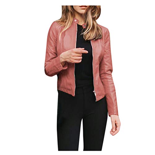 ReooLy Mujeres Damas Chaqueta de Motor de Solapa Abrigo con Cremallera Biker Short Punk Cropped Tops(Rosado,M)