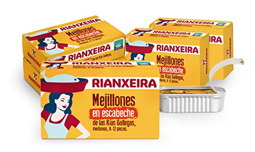 RIANXEIRA. Pack de 8 latas x 111g. de Mejillones en escabeche Medianos. Mejillones de las Rías Gallegas en Aceite de Oliva. D.O.P. Presentación 8 -12 piezas.