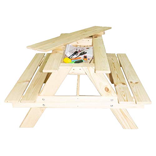 RM E-Commerce Mesa de picnic para niños con compartimento secreto, mesa de jardín de madera de conífera, sin tratar, muebles de jardín para 4 niños, 90 x 85 x 46 cm