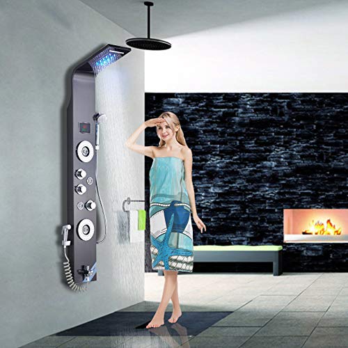 Saeuwtowy LED Panel de Ducha de Acero Inoxidable Columna de Hidromasaje Ducha Moderna 5 Función Acero Inoxidable con Pantalla LCD para Baño