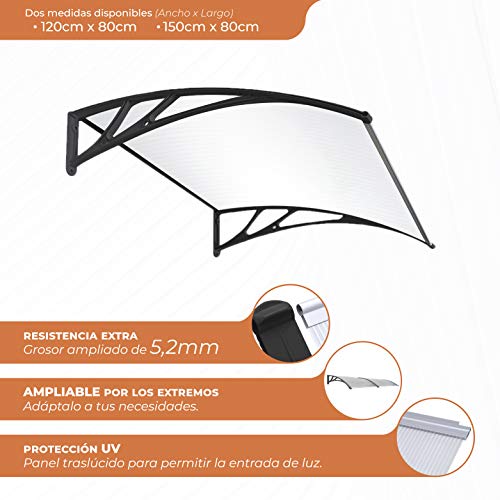 SmartSun Marquesina Easy Black 150x80cm. Grosor 5,2mm extra resistente. Tejadillo puerta protección