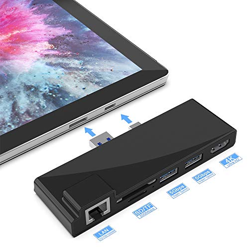 Surfacekit Surface Pro 5/6 Concentrador USB de con Puerto Ethernet 1000M, 4K HDMI, 2 Puertos USB 3.0, Lector de Tarjetas SD/Micro SD, Adaptador de LAN para Surface Pro 2017/2018【Versión actualizada】