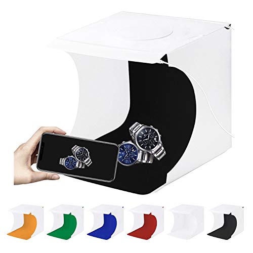 TKOOFN Tienda de Mini Estudio Fotográfico, Caja de Luz para Estudios de Fotografía Portátil Plegable con 2 Tiras de LED + Fondo de 6 Colores para Fotografía de Productos Pequeños (24 x 23 x 22cm)