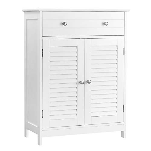 VASAGLE Mueble de Almacenamiento, Armario de Baño, Armario, 60 x 30 x 80 cm, con 2 Puertas de Persiana, Cajón, Tabla Ajustable, Estilo Nórdico Escandinavo, Blanco Mate BBC51WT