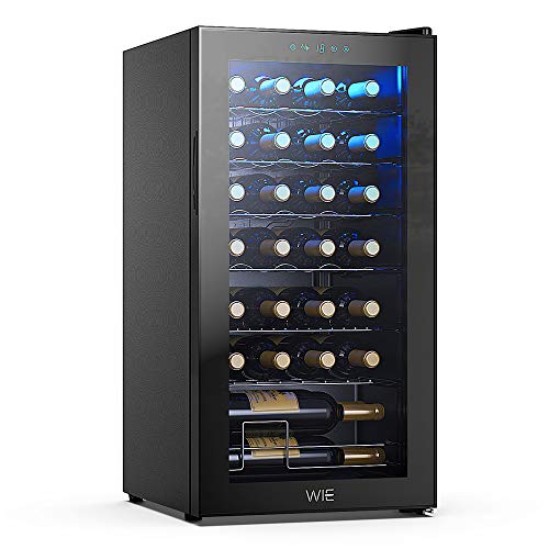 WIE Vinoteca de 28 botellas con Capidad 82L, 6 Estanterías, Mini Nevera para Vinos y Bedidas, 5°C - 18°C, Botón táctil, Pantalla led, Puerta doble de vidrio ahumado, Negro