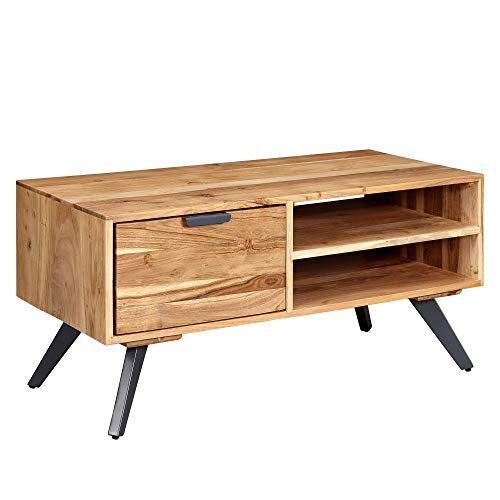 Wohnling Mesa de centro 95 x 45 x 45 cm, madera maciza de acacia, rectangular, con espacio de almacenamiento, mesa de sofá con cajón, mesa de salón maciza