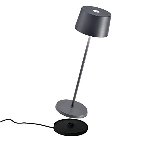 Zafferano - Olivia Pro Lámpara LED de Mesa Regulable de Aluminio, Base de Carga por Contacto, Protección IP65, Uso Interior/Exterior, H35,5cm, Enchufe UE - Gris Oscuro