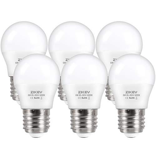 ZIKEY Bombilla LED E27, 6 W equivalentes a 50 W, G45 Mini globo luz blanca fría 6000 K, 600 lm, no regulable – Paquete de 6