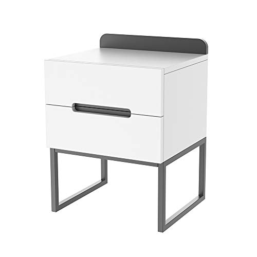 ZZBIQS Mesita de noche de madera, color blanco, mesita de noche con 2 cajones, mesita de noche, mesa pequeña con patas de metal, salón, dormitorio, café (blanco y negro)