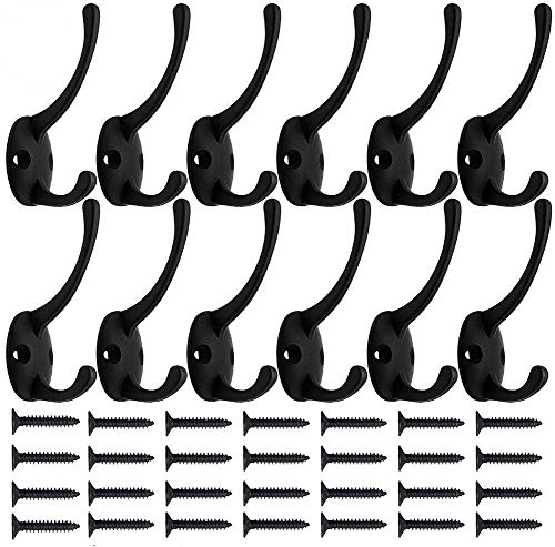 12 Piezas Ganchos Percheros De Pared, Ganchos Percheros para Colgar Ropa, Abrigo, Bufanda, Bolsa, Toalla, Llave, Taza, Sombrero con 28 Tornillos (Negro)