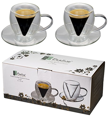 2 x 70 ml puntiaguda con doble pared de tazas redondo con asa y posavasos - Spikey (R) by Feelino (R)