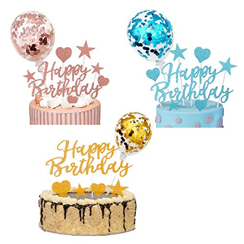36 Piezas Decoración para Tarta Topper, Globos de Confeti, Estrellas, Corazón, Decoración para Cupcakes para Niñas, Niños, Fiesta de Cumpleaños, Aniversario, Pastel de Bodas (Oro Rosa + Azul + Oro)