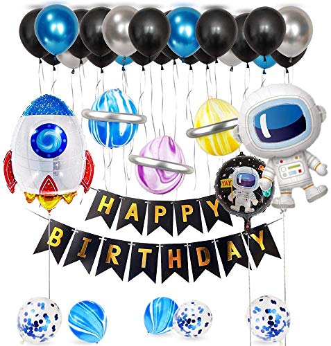 36 Piezas Decoraciones Cumpleañosde Niño, Azul Decoraciones para Espacio Fiestas de Cumpleaños, Globo de Cohete Astronauta Robot Happy Birthday, Decoración de Feliz Cumpleaños con Accesorios (Black)