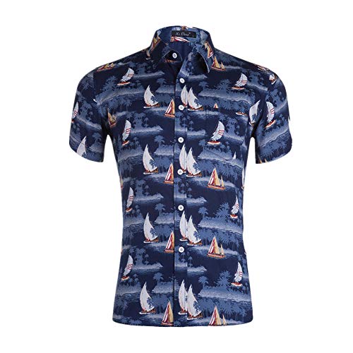 3D Camisa Hawaiana, Morbuy Hombre Manga Corta Bolsillo Delantero Casual Playa Tops (S,Barco de río Azul Marino)