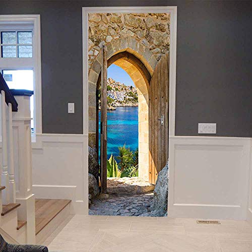 3D Puerta Mural Papel Pintado Arco de piedra vista al mar 80x210cm Autoadhesivo Impermeable Póster Puerta para Sala de Estar Baño cocina niños extraíble Vinilo Adhesivo de Pared Arte decoración del h