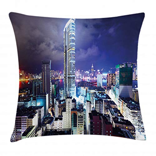 ABAKUHAUS Ciudad Funda para Almohada, Noche Céntrica De Hong Kong, Material Lavable para Uso en Interiores y Exteriores, 50 x 50 cm, Multicolor