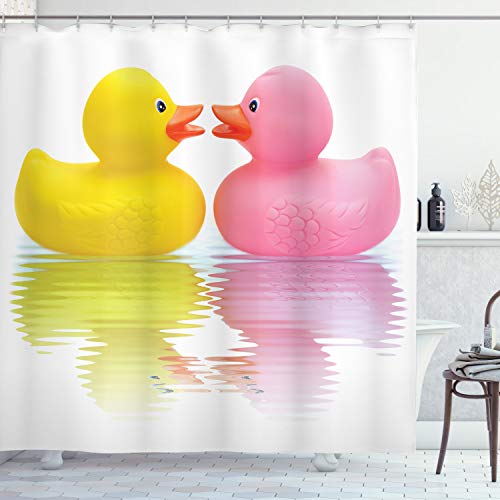 ABAKUHAUS Pato de Goma Cortina de Baño, Pareja de Patos en Amor, Material Resistente al Agua Durable Estampa Digital, 175 x 180 cm, Amarillo Rosa Blanco