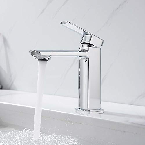 AiHom Grifo de Lavabo para Baño Grifo Monomando Cuadrado para Agua Fría y Caliente Válvula De Cerámica Grifo con Aireador ABS Ahorro de Agua Cromo-Plateado