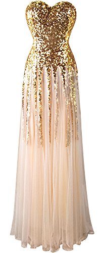 Angel-fashions Mujer Oro Lentejuelas Vestido Malla Encaje Piso Longitud Vestido Small