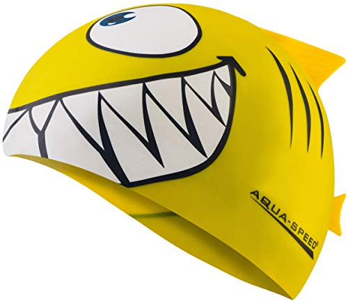 Aqua Speed Shark Gorro de natación + Toalla de Microfibra | niños | Gorras de baño Divertidos| tiburón | Silicona | Tiburón/Amarillo 18