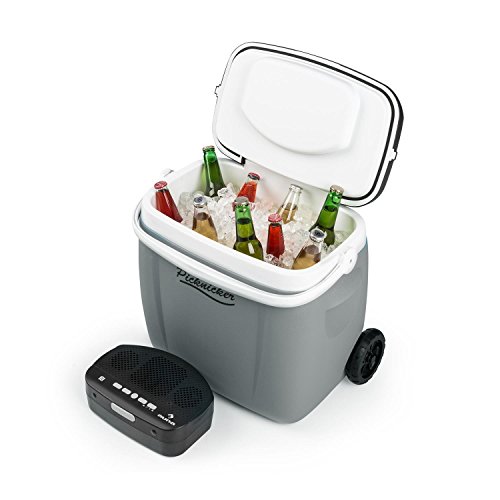 auna Picknicker Trolley - Nevera portátil con Altavoz, Nevera-Carrito, Altavoz Bluetooth Flotante con Radio FM, Asa Trolley, Soporte Tablet y Bebidas, Abridor, Ruedas, Batería 2500 mAh, Gris