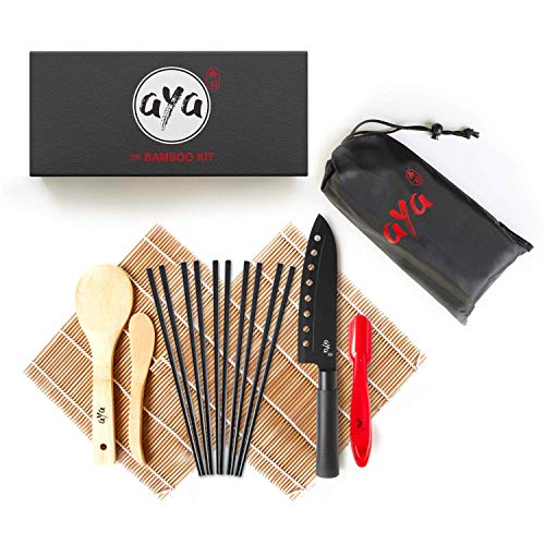 AYA Kit para Sushi - Kit en Bambú Cuchillo de Sushi – Videos Tutoriales en Línea - 2 Esterillas para Enrollar – Esterillas de Bambú 100% Natural de Primera Calidad.