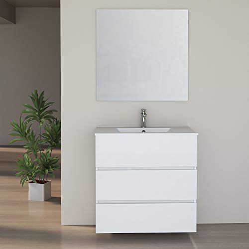 Baikal 280034151 Muebles de Baño con Tres Cajones, Modulo Lavabo Suspendido, Melamina 16mm, Blanco Mate, 80 X 76 X 46 cm