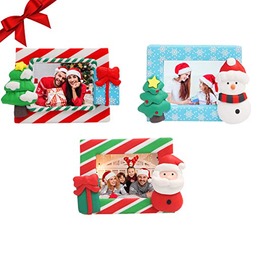 Belle Vous Marco Fotos Adorno Navidad (3 Piezas) 4,3 x 3 cm Mini Portarretratos para Fotos de Madera con Pie - Papá Noel, Muñeco de Nieve y Árbol Feliz Navidad Grabado para Decoraciones de Fiesta