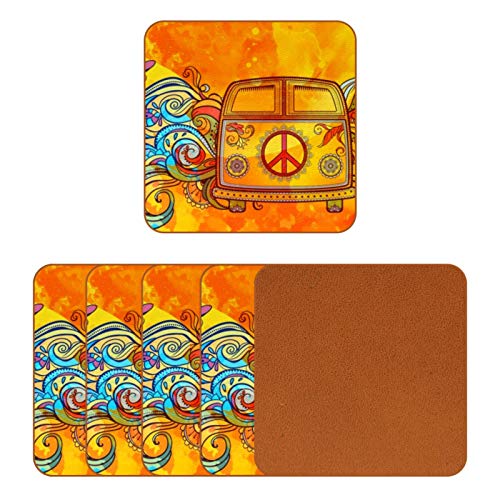 BENNIGIRY Mini Furgoneta de Coches Antiguos Hippie Posavasos de Cuero Taza de café Cuadrada Taza de Vidrio Manteles Individuales Tapetes para Tazas Manteles Individuales 6 PCS