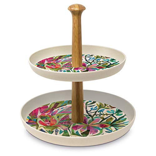 CasaJame Cocina Organización Decoración Platos para Servir Postres Fuente Fruteros con 2 Pisos en Bambú ecológico Altura 25cm Ø 24cm Patrón Frenesí Floral Multicolor