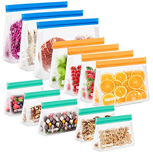 CISHANJIA Bolsa Silicona Reutilizables, 12 piezas Bolsas Congelar Reutilizables sin BPA Bolsas de Almuerzo Ziplock Snack, Bolsas de Alimentos Ecológicas e Impermeables para Frutas, Almuerzos, Viajes