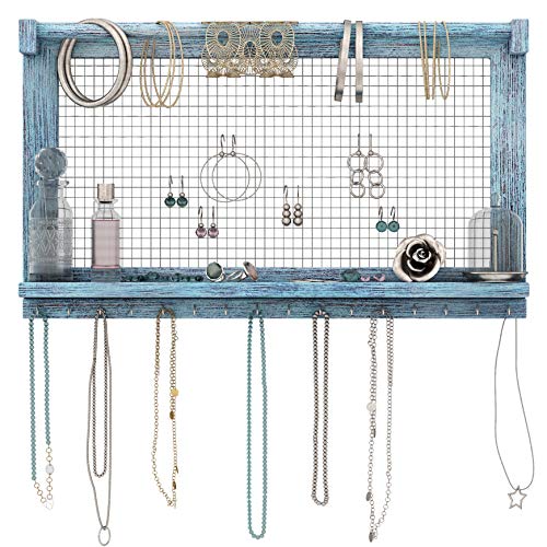 Comfify Organizador de Joyas rústicas - Montado en Pared Organizador de Joyas con extraíble Pulsera Rod y 16 Ganchos Pendientes, Collar y Porta Pulseras - Azul rústico