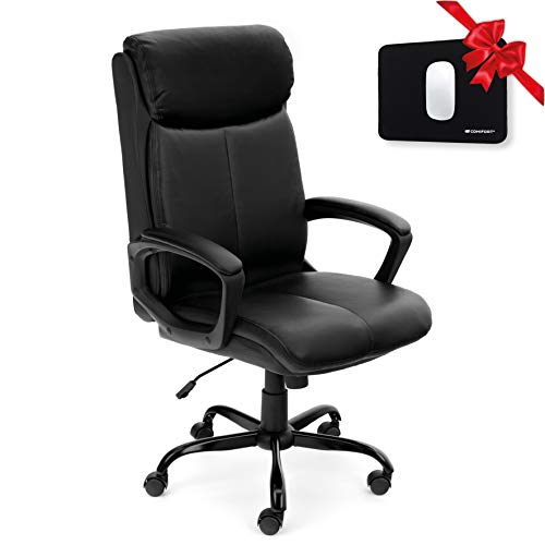 COMIFORT Silla de Oficina Acolchada con reposacabezas, Sillas de Escritorio Ergonomica de Piel Sintetica, Respaldo Alto para Despacho y Ordenador, Mecanismo de Altura Ajustable con Ruedas (Negro)