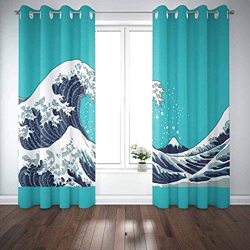 Cortinas para ventana de bahía, cortina de ventana para puerta, ilustración de onda, motivo japonés, fondo de Japón, dibujado de ondas, cortinas opacas para ventana, para familiares, amigos, niños, 2