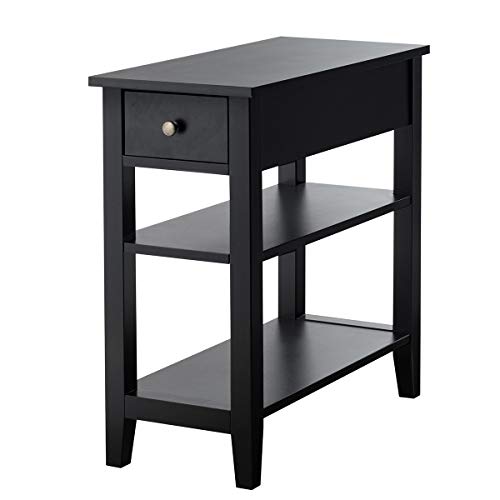 COSTWAY Mesa Auxiliar con Estante y Cajón Mesa de Consola Mesita de Noche Mesa de Centro para Salón Dormitorio 60x28,5x61 centímetros (Negro)