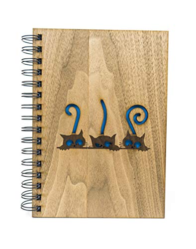 Cuaderno A5 tapas de madera en Nogal y diseño de Gatos con 75 hojas blancas de 100gr