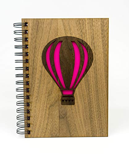Cuaderno A5 tapas de madera en Nogal y diseño de Globo con 75 hojas blancas de 100gr