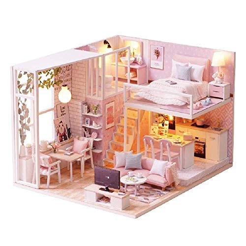 CUTEBEE Miniatura de la casa de muñecas con Muebles, Equipo de casa de muñecas de Madera DIY, más Resistente al Polvo y el Movimiento de música