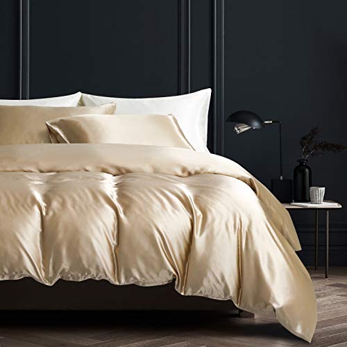 Damier Ropa de cama 155 x 220 beige satén liso ropa de cama juego Deluxe funda nórdica de alta calidad con cremallera y 1 funda de almohada de 80 x 80 cm