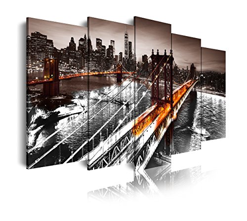 DekoArte 434 - Cuadros Modernos Impresión de Imagen Artística Digitalizada | Lienzo Decorativo Para Tu Salón o Dormitorio | Ciudades Nueva York Puente De Brooklyn Iluminado | 5 Piezas 200 x 100 cm XXL