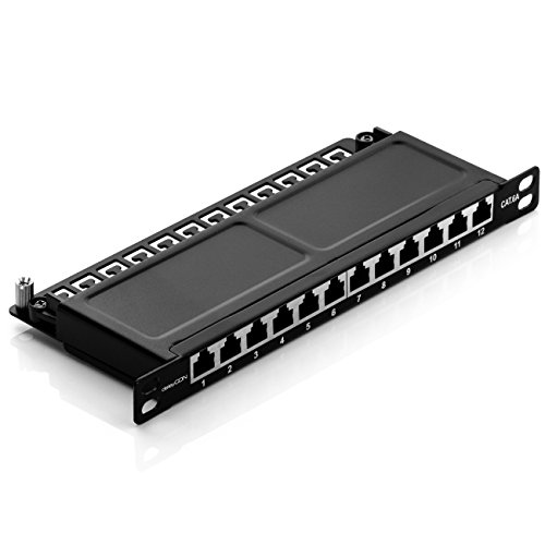 deleyCON Panel de Conexión Cat 6a 0,5U Mini 12 Puertos para Escritorio de Sobremesa de 10 Pulgadas RJ45 Blindado TIA568A TIA568B - Negro