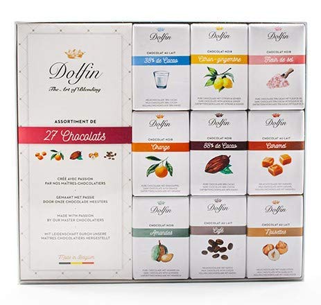 Dolfin Surtido de 27 mini tabletas de chocolate con flor de sal, caramelo, limón y jengibre, naranja, almendras, café, avellanas, 1 x 270 gramos