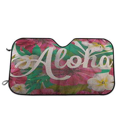 Du-shop Parabrisas del coche Visera con protección UV, Sombrilla para el coche 27.5 X 51 Infor Magnolia Aloha Hawaii Rotulación a mano Hibisco Rosa Lily Orquídea Plumeria Flores Hoja de palma Resumen